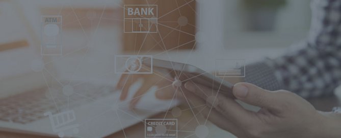 Bank and money logos over a person using a phone and laptop.