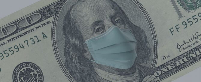 Benjamin Franklin's head on the hundred-dollar bill wearing a face mask.