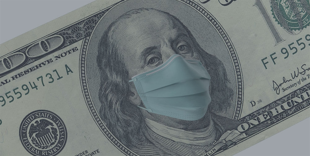 Benjamin Franklin's head on the hundred-dollar bill wearing a face mask.