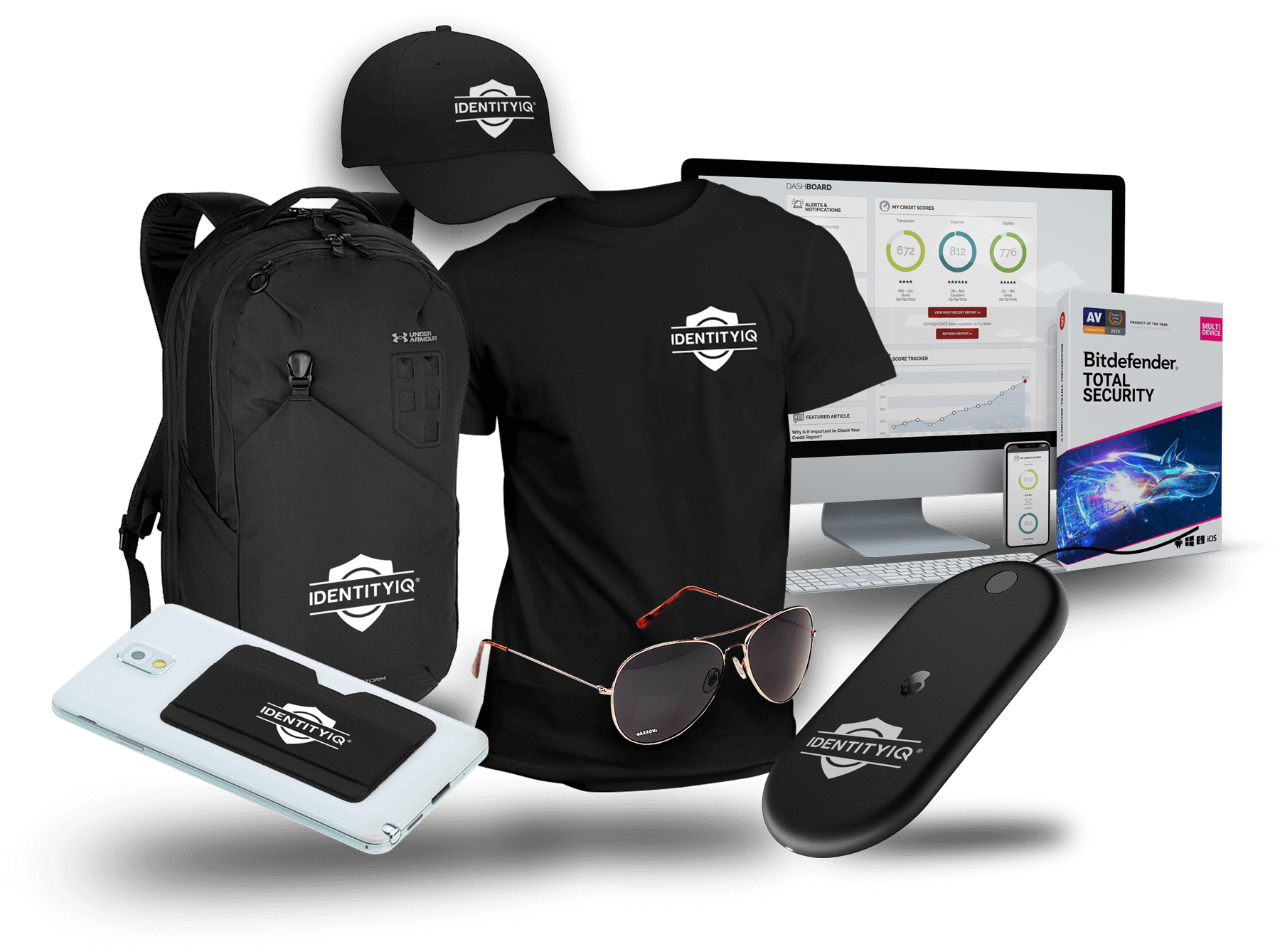 A picture of IdentityIQ backpack, shirt, sunglasses, hat, phone case and computer.